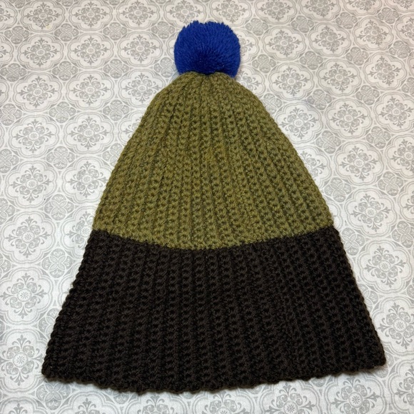 Yves Saint Laurent Olive and Brown Beanie with Blue Pom - Picture 6 of 12